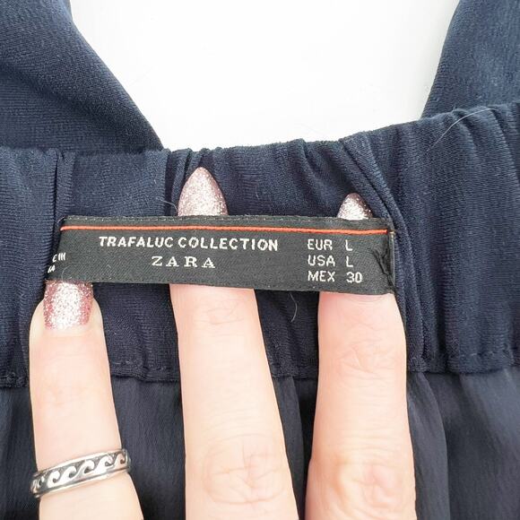 Zara Women's Navy Blue High Waisted Cropped Wide Leg Trousers Pants Size‎ L - Picture 3 of 4